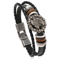 Multilayer black leather bracelet with vintage eagle head charm and silver metal beads - Eagle Style / Eagle Head Black