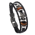 Multi-layer black leather bracelet with star charm and wooden beads in punk style - Star Style / Five-pointed Star Black