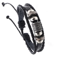 Men's multilayer black braided leather bracelet with vintage metal charms and drawstrings - Black