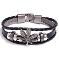 Multi-layer black leather punk bracelet with silver metal beads and leaf charm accent - Maple Leaf Style / Maple Leaf Black
