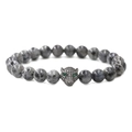 Macro view of leopard head charm with micro-pave zircons and natural labradorite beads - Larvikite