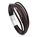 Pulsera de cuero trenzado multicapa en negro y marrón con cierre magnético plateado - EU 21 / Hebilla Plateada + Cuero Marrón