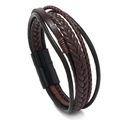 Pulsera multicapa de cuero trenzado para hombre con cierre magnético negro en marrón oscuro - EU 21 / Hebilla Negra + Cuero Marrón