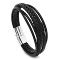 Pulsera multicapa de cuero trenzado negro para hombre con cierre magnético plateado - EU 21 / Hebilla Plateada + Cuero Negro