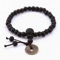 Ethnic retro dark wood bead bracelet with a vintage copper coin and brown woven charm - Dark Wood Bead with Ancient Coin Charm Style (HM-F0009-D)