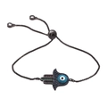 Adjustable evil eye Hamsa hand bracelet with colorful cubic zirconia and black plating - Black