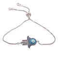 Turkish Blue Evil Eye Fatima Hand Bracelet in Silver with Adjustable Box Chain Design - White K/Silver