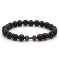 Black volcanic lava stone beaded bracelet with rhinestone dumbbell charm for fitness fans - Gunmetal