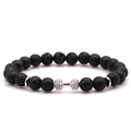 Black lava stone beaded bracelet with cubic zirconia dumbbell charm and silver spacers - White Gold