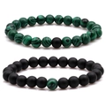 Set of 8mm matte black stone and green malachite beaded bracelets for couples - One Green Bead