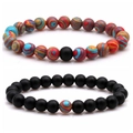 8mm matte black onyx and colorful striped stone beaded couple bracelets set - One Multicolor Bead