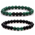 8mm matte black and green malachite beaded bracelets set for couples in high resolution - Three Green Beads