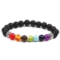 Chakra energy bracelet with 8mm black lava stone and seven multi-color healing beads - White K/Silver