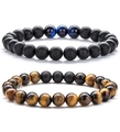 Matte black agate and tiger eye stone bead bracelets set for men and women - Blue Tiger Eye Set
