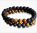 Matte black lava stone and tiger eye beaded bracelet set for couples and men - Lava Stone Set
