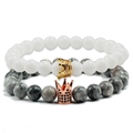 Braccialetti di perline in pietra da 8mm con ciondoli a corona in oro e rosa - Bianco Latte Nero Grigio Marmo (Stile R) / Set di 2 pezzi