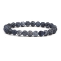 Men's 8mm weathered stone bead bracelet with unique white vein patterns on white background - Black Weathered Stone