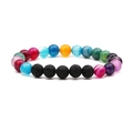 Pulsera elástica artesanal de ágata natural de 8mm y cuentas de piedra de lava negra - Cuentas de 8mm / Arcoíris Rayado
