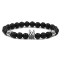 Men's matte black beaded bracelet set featuring a silver crown and inlaid black crystals - Matte Black Stone Silver Crown