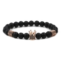 Matte black volcanic stone bracelet with a rose gold crown charm and black cubic zirconia - Black Stone Rose Gold Crown