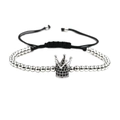 Bracciale intrecciato regolabile con perline in rame argentato e ciondolo a corona in zircone - Argento con zircone nero