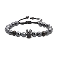 Men's crown magnetic hematite beaded bracelet with faceted black stones and cubic zirconia - Black Crown