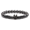 Handmade black hematite beaded bracelet featuring a micro-paved zircon crown for men - Gun Black