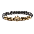 Men's hematite beaded bracelet with gold crown charm and micro-inlaid cubic zirconia - Gold