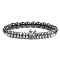 Handmade hematite beaded bracelet with a silver crown charm and zircon inlay for men - White K/Silver