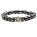 Men's hematite bead bracelet featuring a silver leopard head with green zircon eyes - Silver