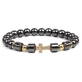 Mens beaded cross bracelet with 8mm hematite stones and gold zircon cross pendant - Gold