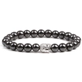 Men's magnetic black stone bead bracelet with silver Buddha head and elastic cord - Silver