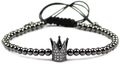 Bracciale regolabile in perle di rame nero 4mm intrecciato a mano con corona di zirconi micro-pavé - Canna di Fucile con Zirconia Bianca