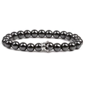 Polished magnetic hematite beaded bracelet for men featuring a micro-set zircon crown - Silver