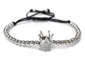 Bracciale con perline d'argento e corona di zirconi con cordino nero intrecciato regolabile - Argento con zircone bianco