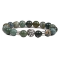 10mm green moss agate beaded bracelet for men featuring a silver lion head charm detail - India Agate
