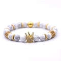 8mm white emperor stone beaded bracelet with a gold zircon crown charm and metallic spacers - White Turquoise