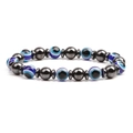 Elastic hematite bead bracelet featuring blue evil eye charms on a white background - Round Eye (MB2-0487)