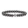 Men's 8mm magnetic hematite beaded bracelet with a silver cross accent on white background - Silver