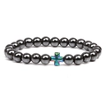 Black hematite 8mm beaded bracelet with iridescent rainbow cross charm for men - Colorful