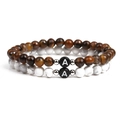 Tiger eye and white turquoise beaded bracelet set with initial A charm for couples - Letter A Set / 6mm (2-Piece Set) / Tiger Eye & Black