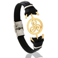 Pulsera de cuero negro de moda con símbolo triskelion dorado y hebilla de plata - Estilo Triskelion / Negro