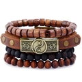 Retro multi-layer leather bracelet set with wooden beads and yin yang alloy charms - Vintage Bagua Style