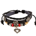 Multilayer leather beaded bracelet featuring a heart pendant and retro punk style charm - Black