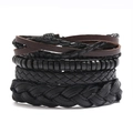 Men's retro layered braided leather bracelet set with wooden beads in dark brown and black - Vintage Braided Combination (HM-70460)