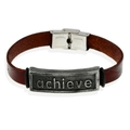 Retro brown leather bracelet for men featuring an engraved stainless steel achieve plate - Brown