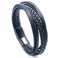 Mehrlagiges schwarzes geflochtenes Lederarmband für Herren mit Edelstahl-Magnetverschluss - 20.5cm / Schwarz