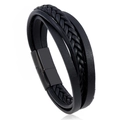 Nahaufnahme von mehrlagigem schwarzem geflochtenem Lederarmband für Herren mit Magnetverschluss - 20.5cm / Schwarz