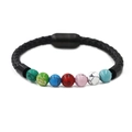 Sette perline di pietra chakra su bracciale in pelle intrecciata nera con chiusura magnetica - Turchese