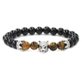 Tiger eye and black onyx beaded bracelet featuring a green-eyed wolf head and silver crowns - White K/Silver